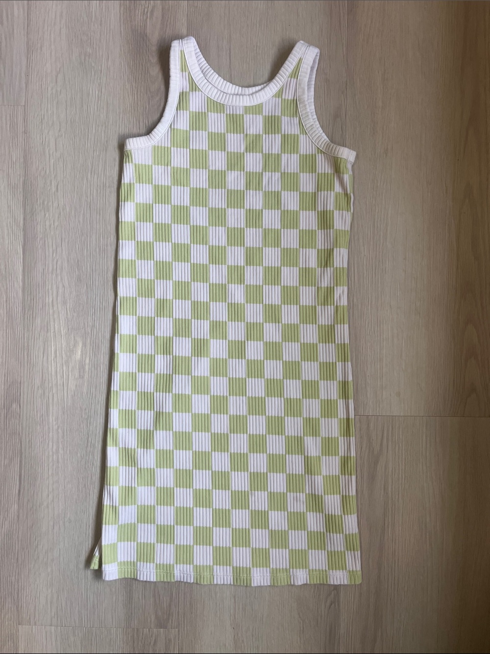 Old Navy Girl’s Cotton Checkerboard Ribbed Tank Dress in Lime and White